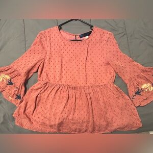 Blue Rain (Francesca’s) 3/4 Bell Sleeve Floral Bird Embroidered Peplum Top